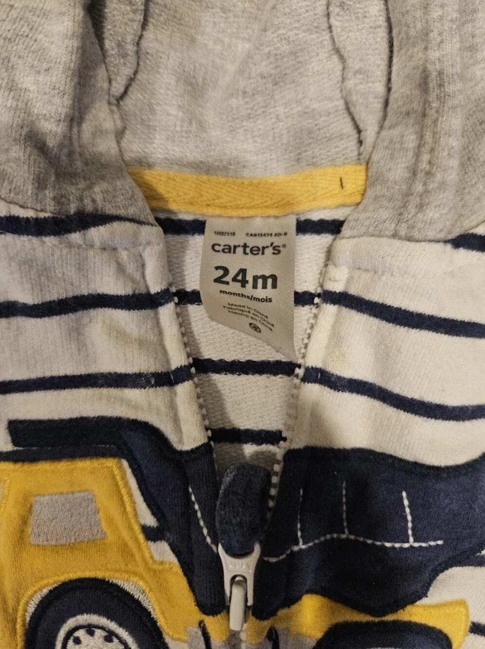 Carter's Navy Striped Hooded Zip Sweatshirt with Yellow Sleeves 24m